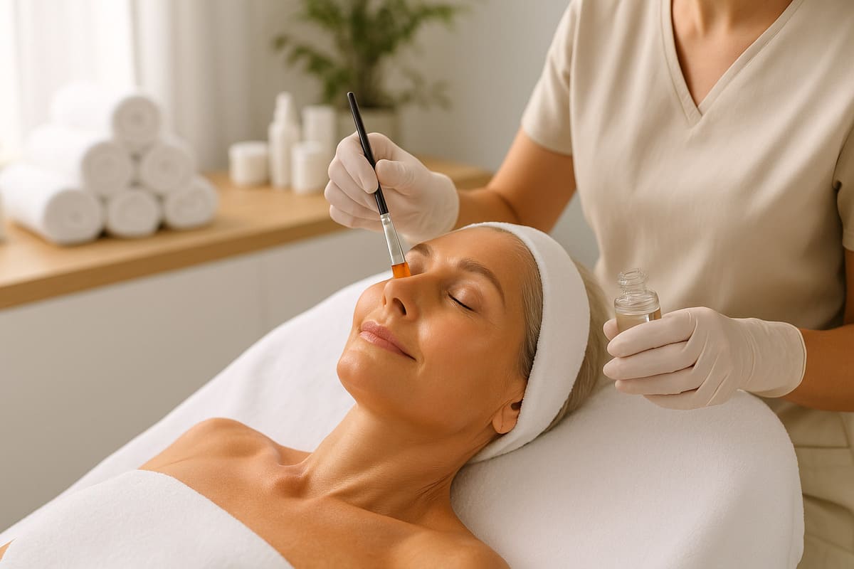 Kobieta w średnim wieku z promienną skórą, relaksująca się podczas zabiegu anti-aging, leży na łóżku kosmetycznym. Specjalista nakłada serum na jej twarz. Tło przedstawia minimalistyczny, elegancki gabinet kosmetyczny.