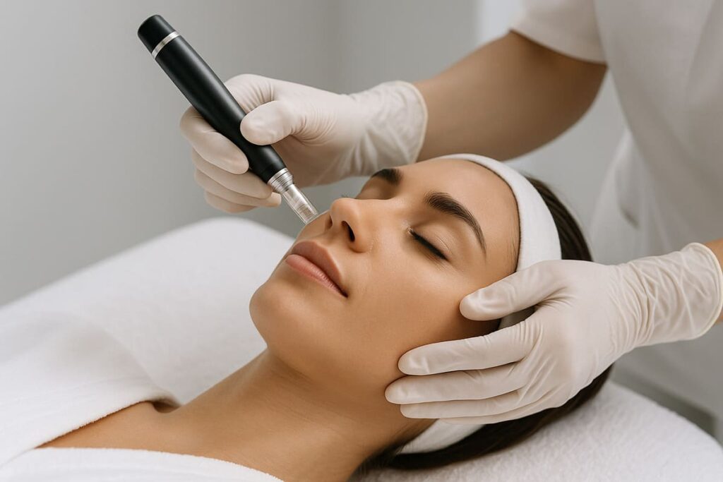 Ręce specjalisty w jednorazowych rękawiczkach wykonują zabieg Mezoterapia mikroiglowa na twarzy klientki leżącej na białym, sterylnym łóżku zabiegowym w gabinecie estetycznym.