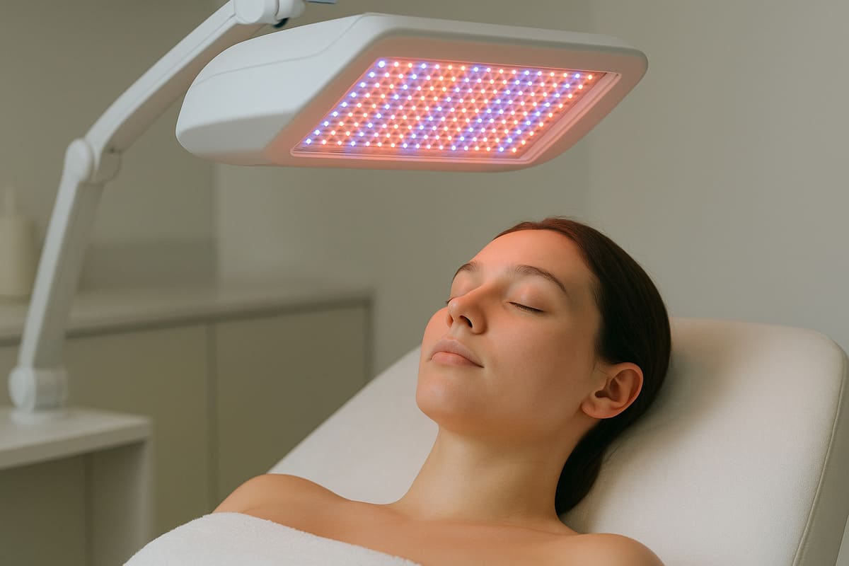 Kobieta z zamkniętymi oczami podczas fototerapii LED, leży spokojnie na łóżku zabiegowym, panel emituje czerwone i niebieskie światło.