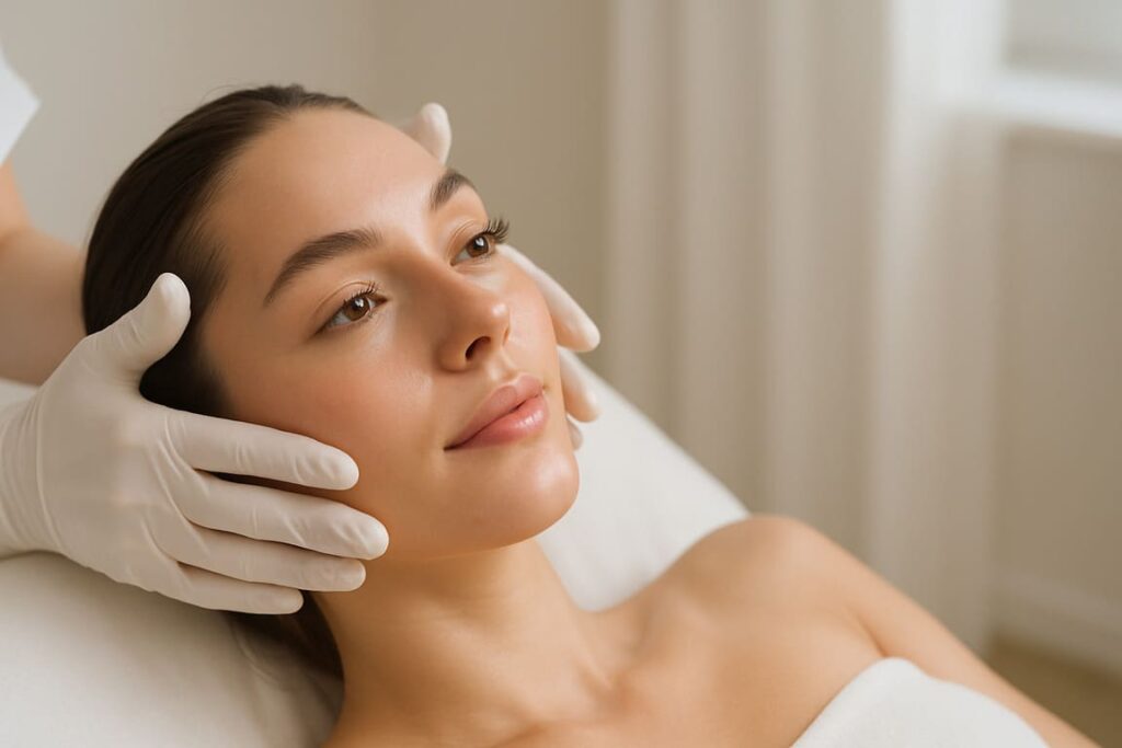 Kobieta z promienną cerą leży spokojnie w nowoczesnym gabinecie estetycznym w Bielsku-Białej, podczas zabiegu pielęgnacyjnego twarzy – przykład profesjonalnej opieki i efektów, jakie daje laseroterapia Bielsko-Biała.