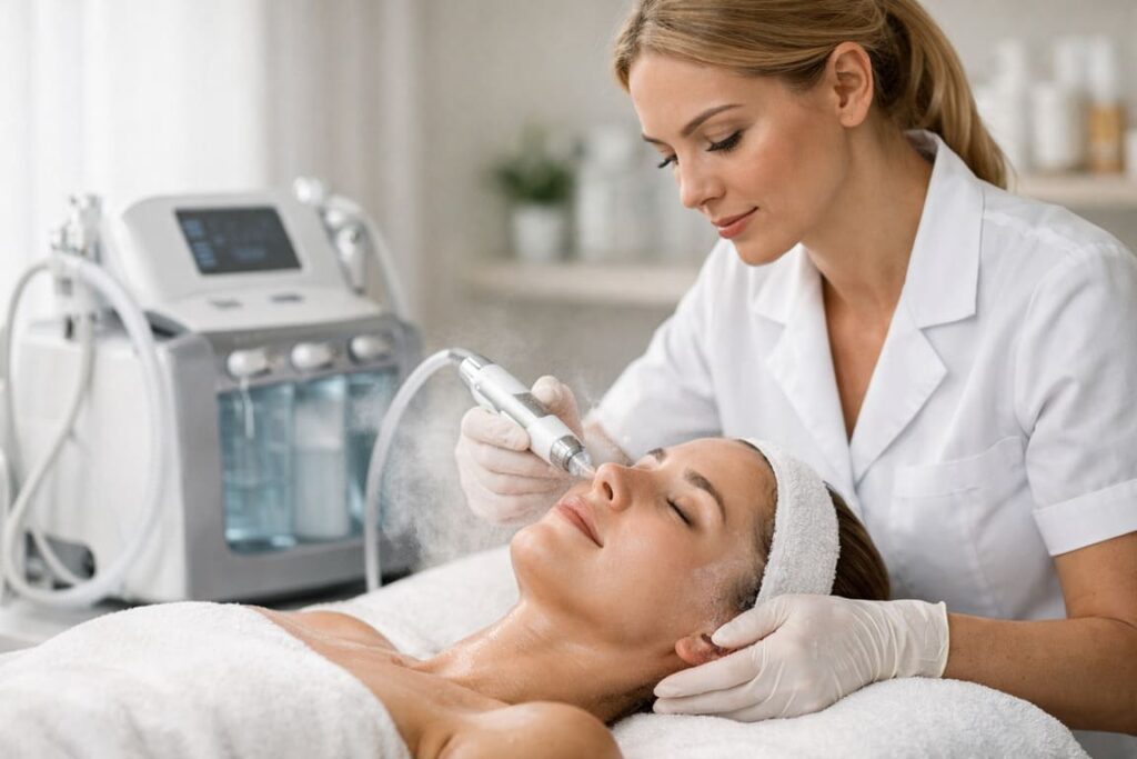 Kosmetyczka Bielsko-Biała wykonuje oczyszczanie wodorowe twarzy klientki w nowoczesnym salonie kosmetycznym, zabieg bez makijażu i bez podrażnień