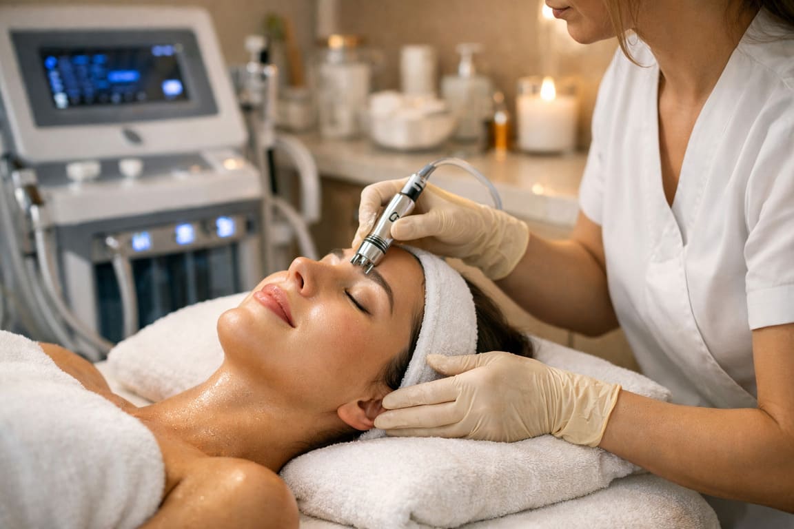 Gabinet kosmetyczny podczas zabiegu pielęgnacyjnego – kosmetolog wykonuje profesjonalne Oczyszczanie twarzy Bielsko przy użyciu urządzenia, widoczna gładka i zadbana skóra oraz spokojne wnętrze w stylu premium.