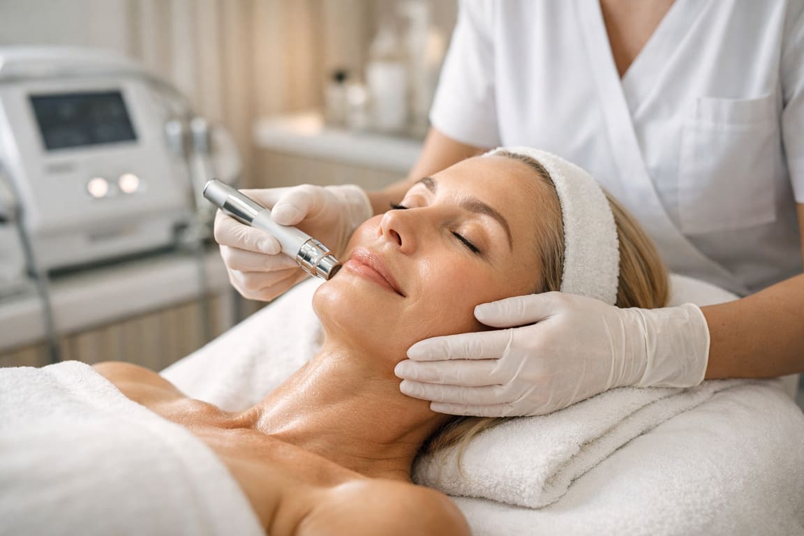 Kosmetolog wykonuje zabieg liftingu twarzy na klientce w nowoczesnym salonie kosmetycznym – lifting twarzy Bielsko Biała