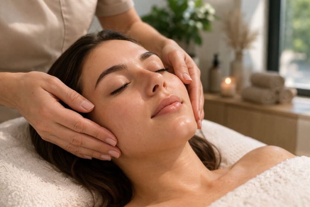 Masaż twarzy Bielsko-Biała – kobieta podczas profesjonalnego zabiegu w gabinecie kosmetycznym