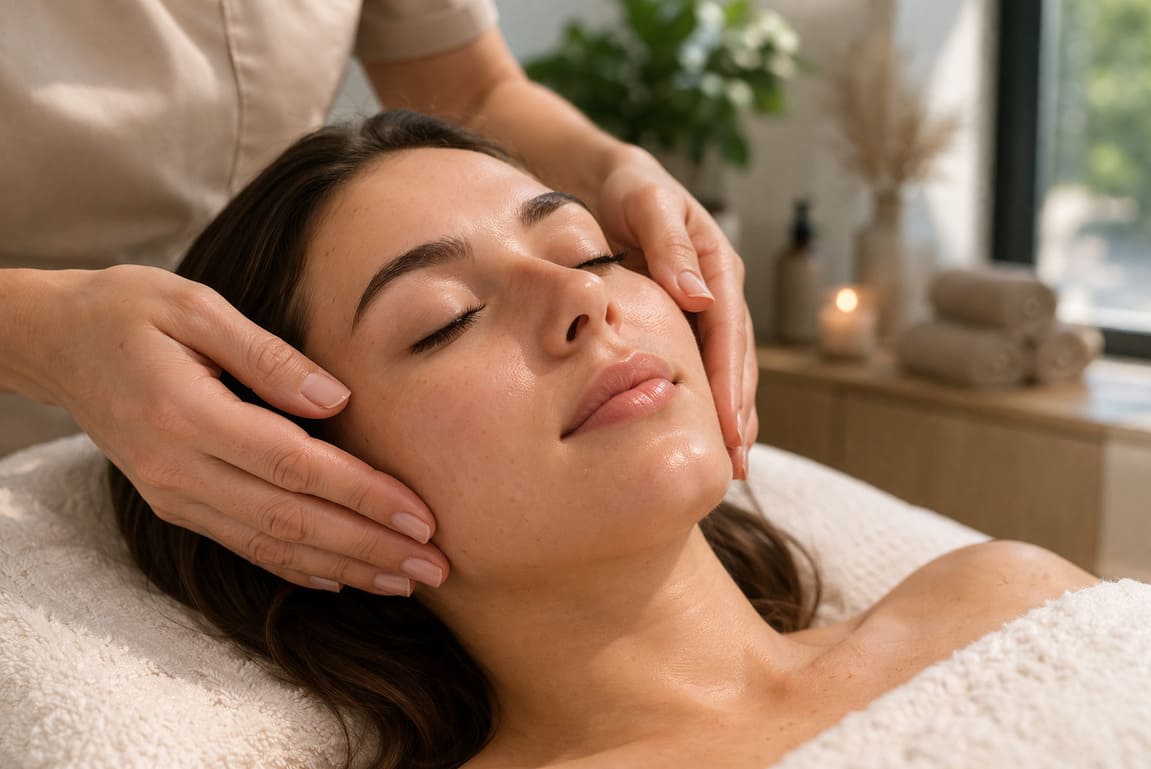 Masaż twarzy Bielsko-Biała – kobieta podczas profesjonalnego zabiegu w gabinecie kosmetycznym